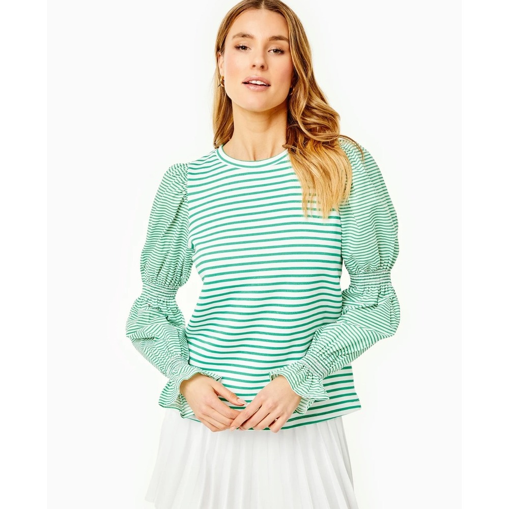 Addison Bay Green White‎ Stripe Puff Sleeve Smocked Cuff Top Size Small